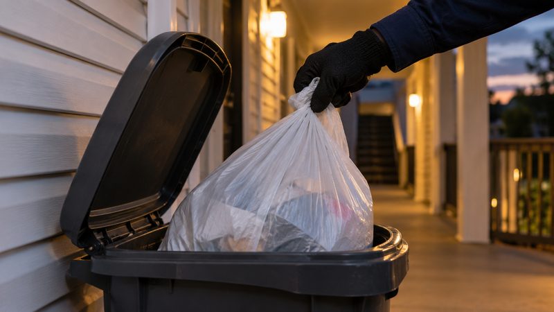 Gloved hand lifting a tied trash bag from a lidded can on an apartment breezeway