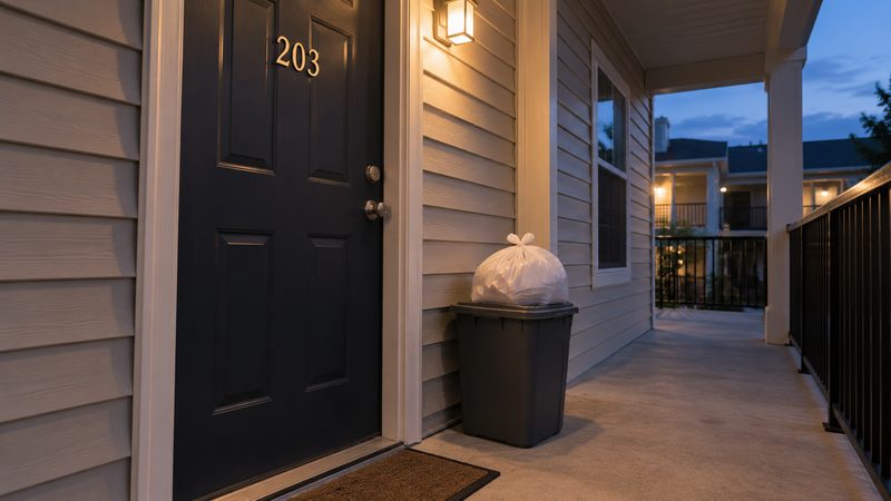 Lidded trash can with a tied bag beside an apartment door at dusk